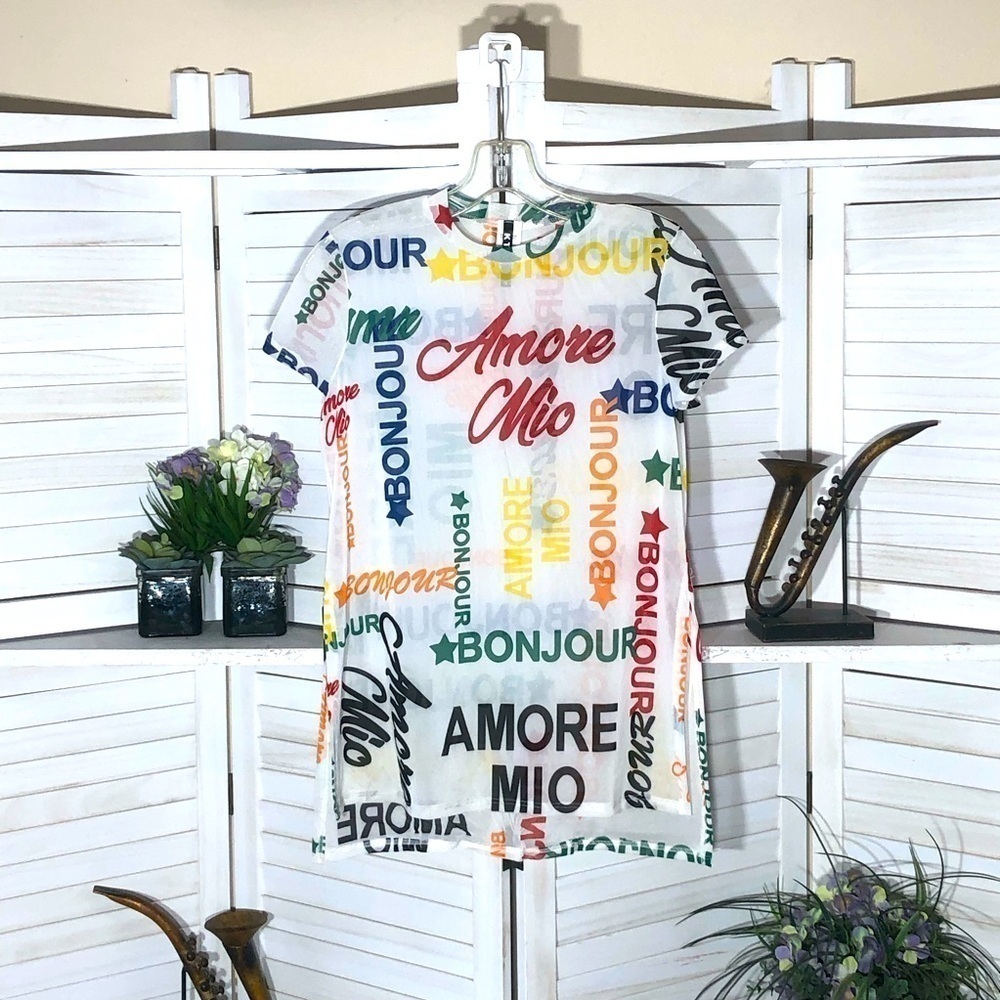 Semi sheer top Avant Garde multicolor Newsprint Y2K 90's grunge punk Alt rave S